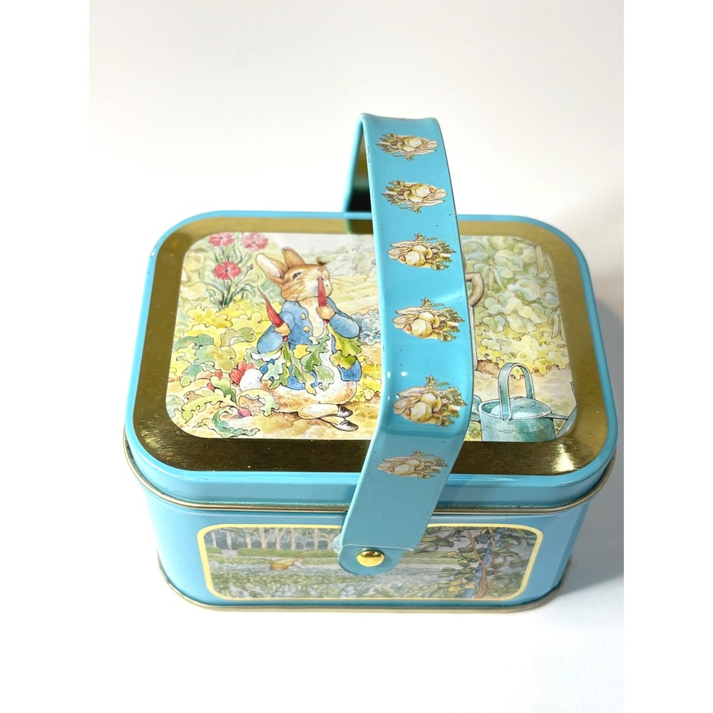 Beatrix Potter Peter Rabbit Vintage Style Metal Tin Lunch Box Blue Garden Decor